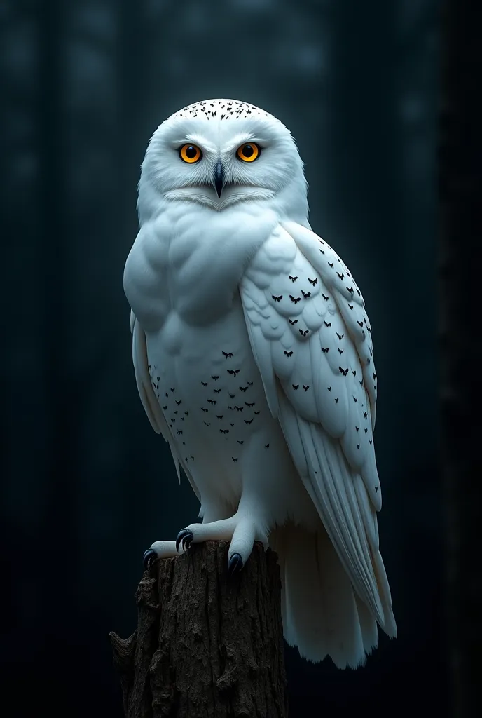 backlight a white owl:1.5, standing on a tree trunk, dark background is very dark night, hyper realistic image, masterpiece, mystery, mystic, imposing, majestic, HD, 8k