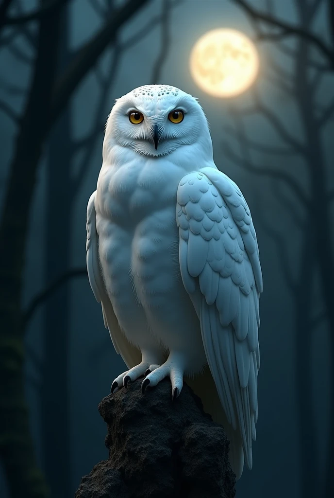 illuminate from the bottom light of the full moon,  a white owl:1.5, standing on a tree trunk, dark background is very dark night, hyper realistic image, masterpiece, mystery, mystic, imposing, majestic, HD, 8k