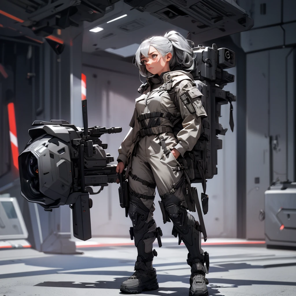 envision a 8k, highres, cinematic, beautiful full body concept art design sheet of a woman with Gray hair, gray eyes, Military Gear, Tactical accessories, in dark lighting, against a dark gray background