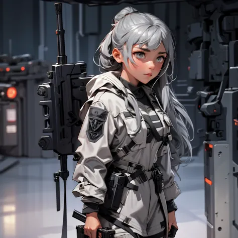 envision a 8k, highres, cinematic, beautiful full body concept art design sheet of a woman with gray hair, gray eyes, military g...