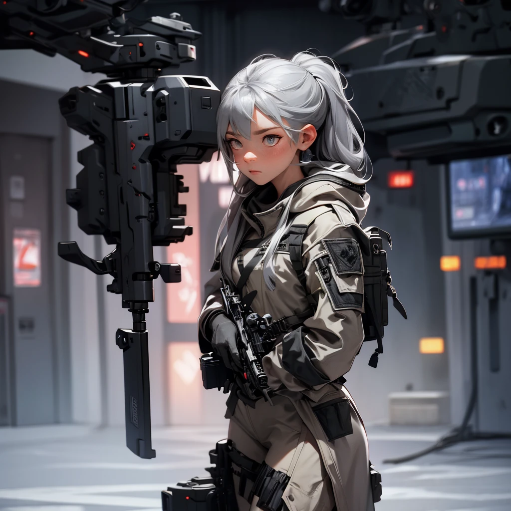 envision a 8k, highres, cinematic, beautiful full body concept art design sheet of a woman with Gray hair, gray eyes, Military Gear, Tactical accessories, in dark lighting, against a dark gray background