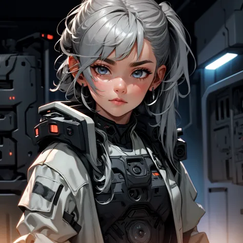 envision a 8k, highres, cinematic, beautiful close up portrait of a woman with gray hair, gray eyes, military gear, tactical acc...