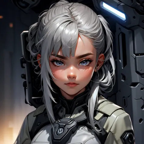 envision a 8k, highres, cinematic, beautiful close up portrait of a woman with gray hair, gray eyes, military gear, tactical acc...