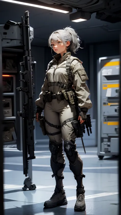 envision a 8k, highres, cinematic, beautiful full body concept art design sheet of a woman with gray hair, gray eyes, military g...