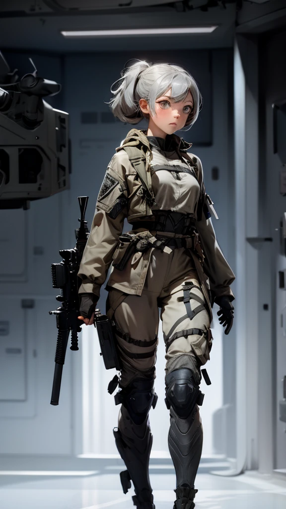 envision a 8k, highres, cinematic, beautiful full body concept art design sheet of a woman with Gray hair, gray eyes, Military Gear, Tactical accessories, in dark lighting, against a dark gray background