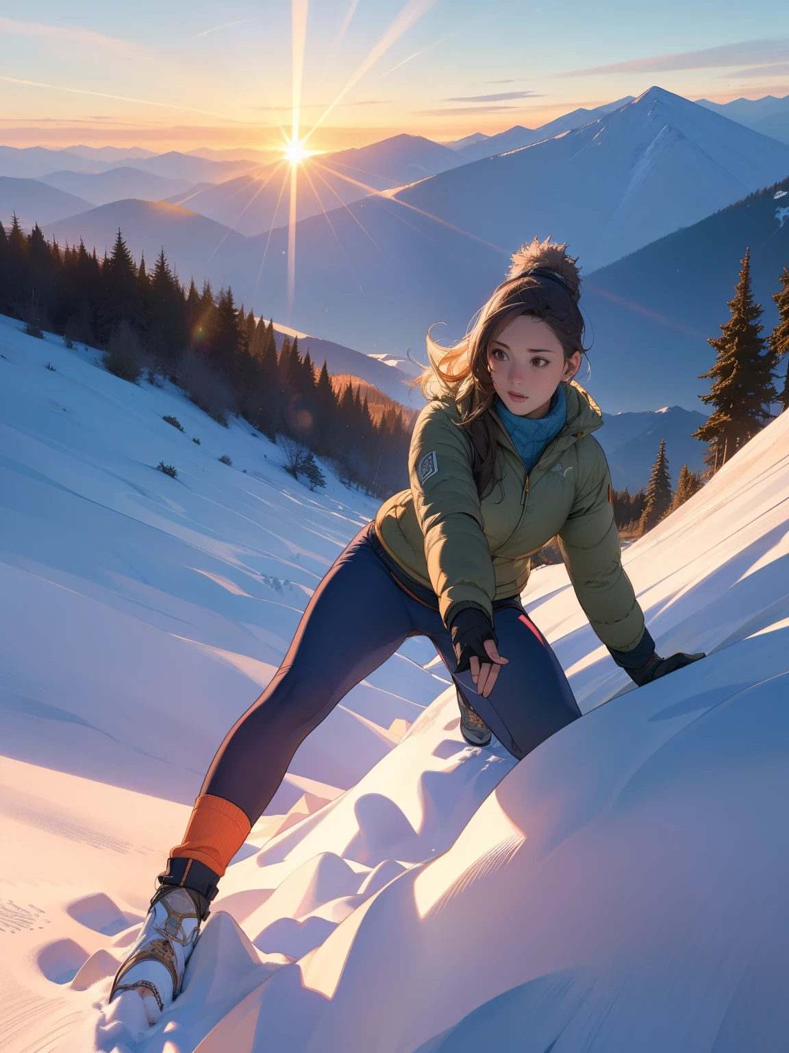 (Highest quality,4K,8k,High resolution,masterpiece:1.2),Very detailed,(Realistic,photoRealistic,photo-Realistic:1.37),Majestic mountain slope at sunset, The graceful figure of a girl climbing a hill, ((Winter outdoor climber style clothing)), A person reaching out to the sunlight shining down from the mountaintop, Beautiful landscape decorated with earthy colors, A hopeful view, Evoke affective emotions in the viewer, Highlight the scenery、Minimize portrait size