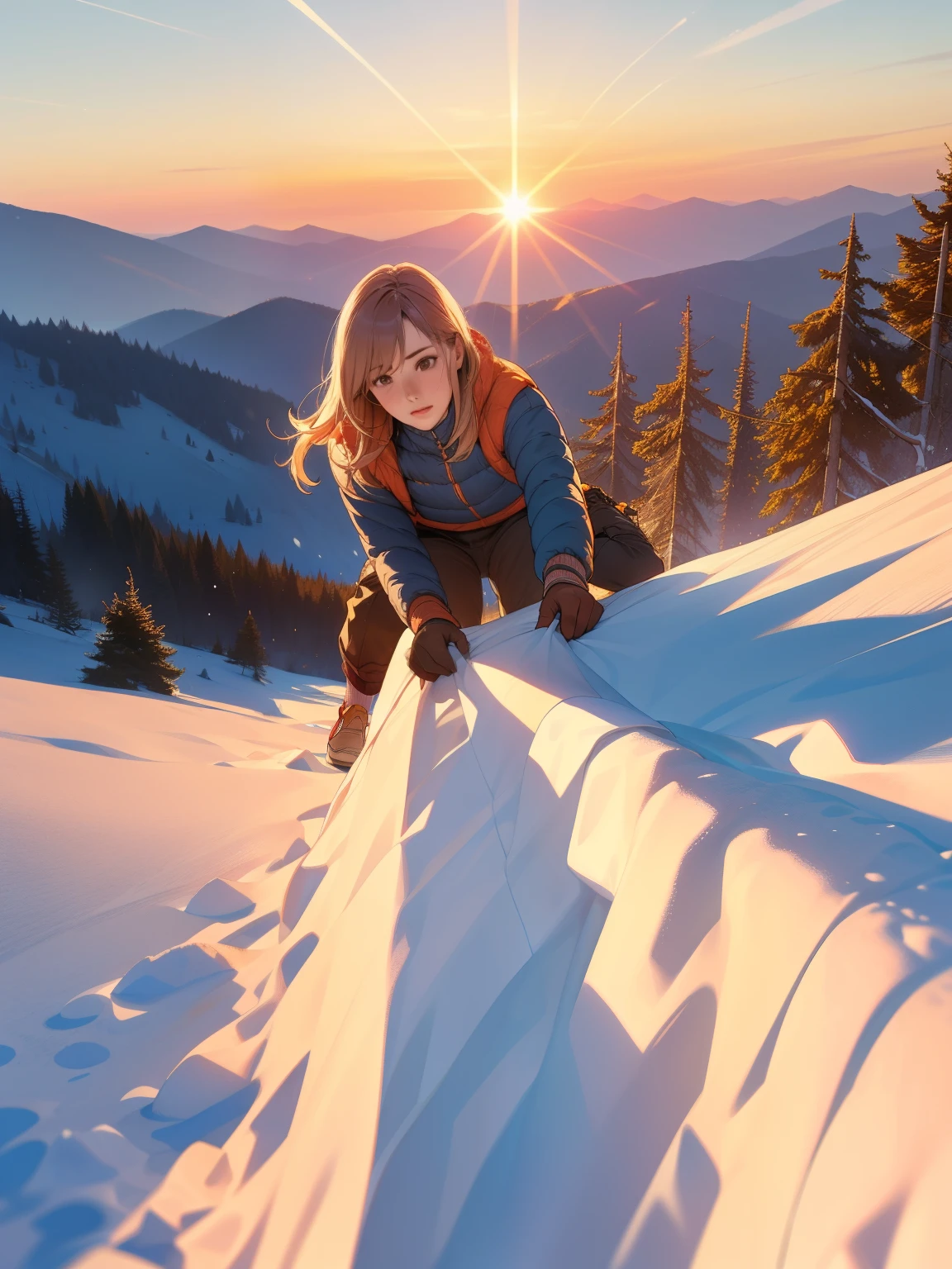 (Highest quality,4K,8k,High resolution,masterpiece:1.2),Very detailed,(Realistic,photoRealistic,photo-Realistic:1.37),Majestic mountain slope at sunset, The graceful figure of a girl climbing a hill, ((Winter outdoor climber style clothing)), A person reaching out to the sunlight shining down from the mountaintop, Beautiful landscape decorated with earthy colors, A hopeful view, Evoke affective emotions in the viewer, Highlight the scenery、Minimize portrait size