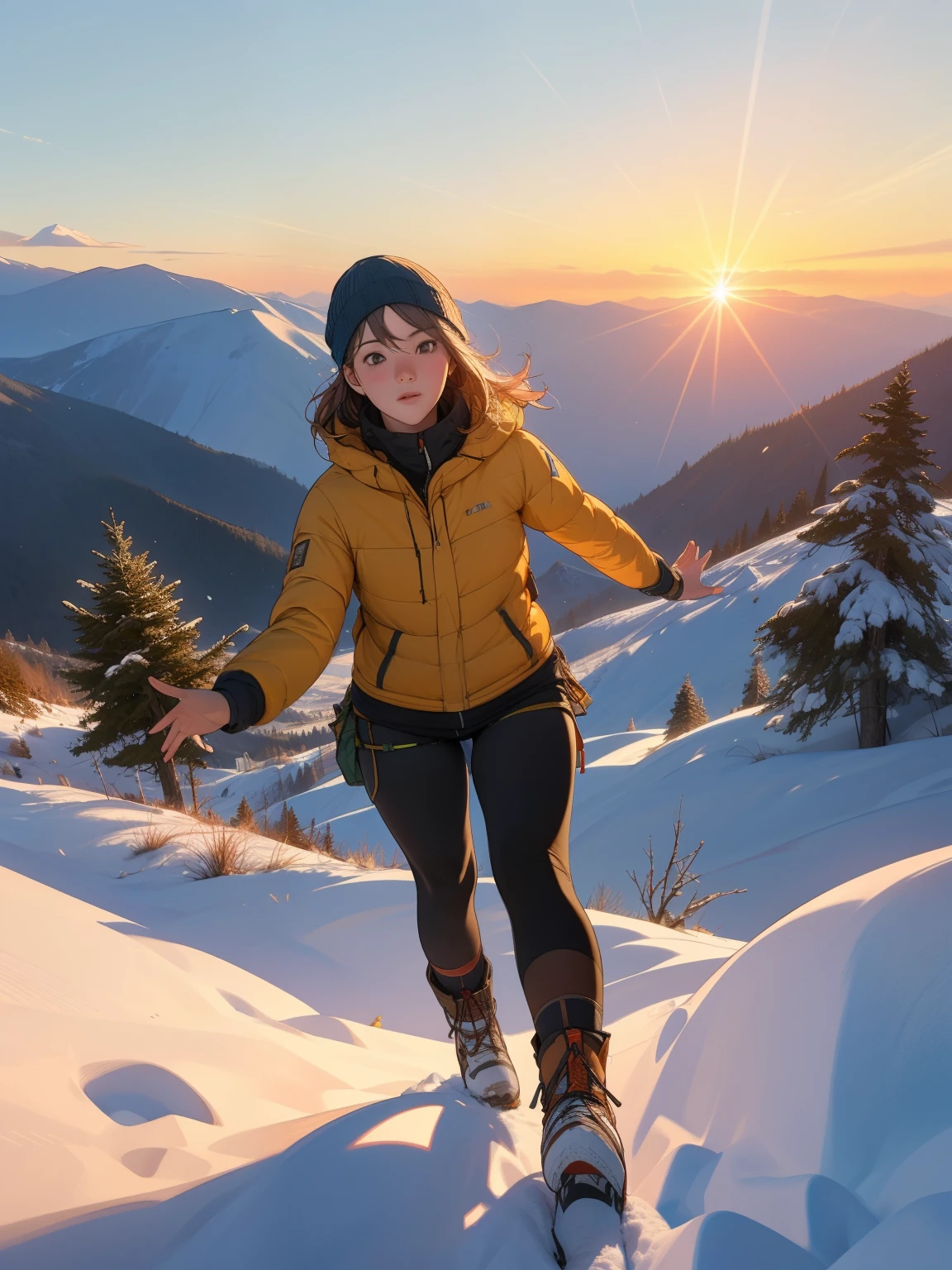 (Highest quality,4K,8k,High resolution,masterpiece:1.2),Very detailed,(Realistic,photoRealistic,photo-Realistic:1.37),Majestic mountain slope at sunset, The graceful figure of a girl climbing a hill, ((Winter outdoor climber style clothing)), A person reaching out to the sunlight shining down from the mountaintop, Beautiful landscape decorated with earthy colors, A hopeful view, Evoke affective emotions in the viewer, Highlight the scenery、Minimize portrait size