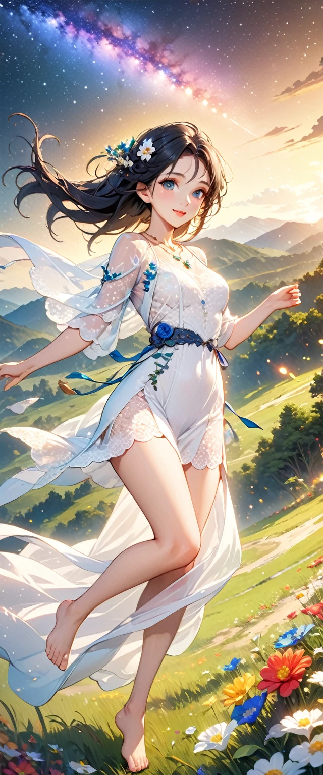 (masterpiece、Highest quality、8k、High resolution)、1 female、Beautiful eyes with slit length、Cute lips、Beautiful Nose、Brownish black hair、smile、(Best anime girl)、Green grassland with forest view、Walking,((Barefoot, off the ground, flying high, high, high, flying and running)),Fantasy art,Colorful flowers blooming in the field,A bright night with the stars clearly visible、milky way、(Mysterious light particles from the whole body、Colorful light particles)、jewelry、necklace、White lace dress、(Beautiful full body style)、Highly detailed anime art、Fantasy art,