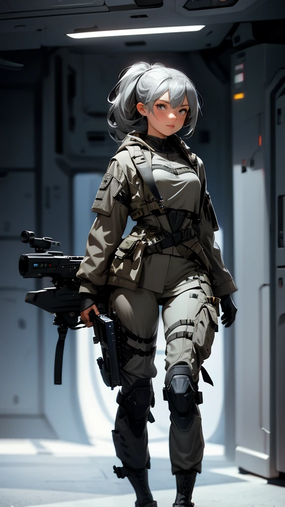 envision a 8k, highres, cinematic, beautiful full body concept art design sheet of a woman with Gray hair, gray eyes, Military Gear, Tactical accessories, in dark lighting, against a dark gray background