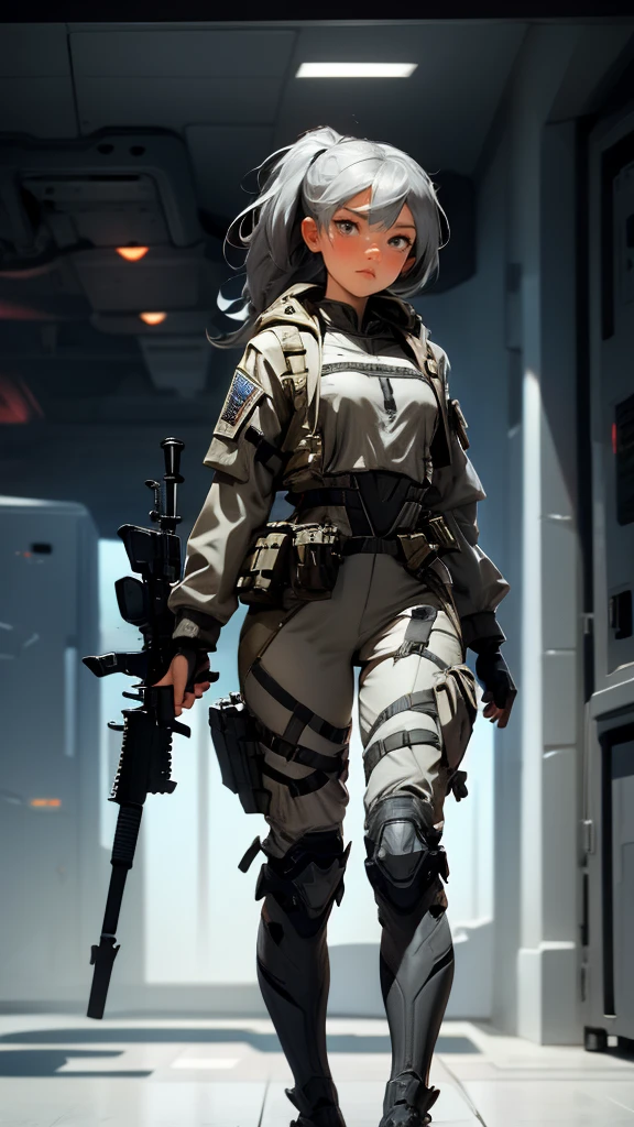 envision a 8k, highres, cinematic, beautiful full body concept art design sheet of a woman with Gray hair, gray eyes, Military Gear, Tactical accessories, in dark lighting, against a dark gray background