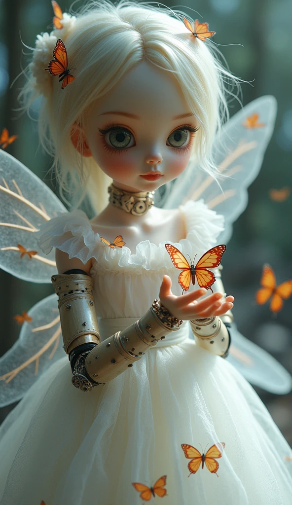 realistic porcelain doll, butterfly trick, transparent white dress, clockwork fairy, mechanical limbs, (Gabriel Pacheco&#39;s style page), DonMSt34mPXL, (Best Quality,4k,8k,High resolution,masterpiece:1.2),ultra detailed,(realist,photorealist,photo-realist:1.37),intricate details,exquisite craftsmanship,awesome lighting,vibrant colors,Dream fantasy,delicate features,Porcelain skin,fascinating eyes,elegant pose,ethereal atmosphere