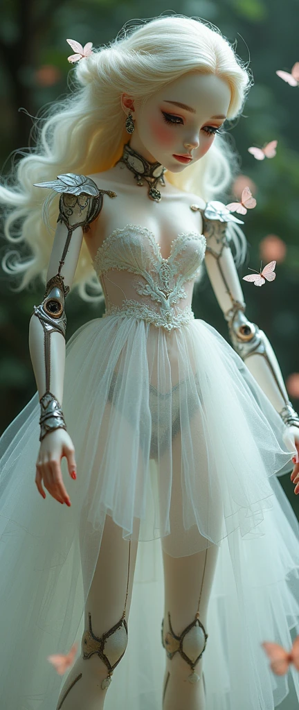 realistic porcelain doll, butterfly trick, transparent white dress, clockwork fairy, mechanical limbs, (Gabriel Pacheco&#39;s style page), DonMSt34mPXL, (Best Quality,4k,8k,High resolution,masterpiece:1.2),ultra detailed,(realist,photorealist,photo-realist:1.37),intricate details,exquisite craftsmanship,awesome lighting,vibrant colors,Dream fantasy,delicate features,Porcelain skin,fascinating eyes,elegant pose,ethereal atmosphere