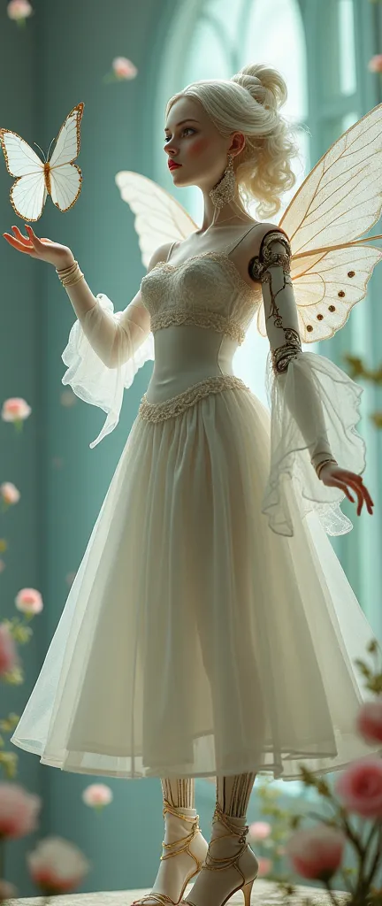 realistic porcelain doll, butterfly trick, transparent white dress, clockwork fairy, mechanical limbs, (Gabriel Pacheco&#39;s style page), DonMSt34mPXL, (Best Quality,4k,8k,High resolution,masterpiece:1.2),ultra detailed,(realist,photorealist,photo-realist:1.37),intricate details,exquisite craftsmanship,awesome lighting,vibrant colors,Dream fantasy,delicate features,Porcelain skin,fascinating eyes,elegant pose,ethereal atmosphere