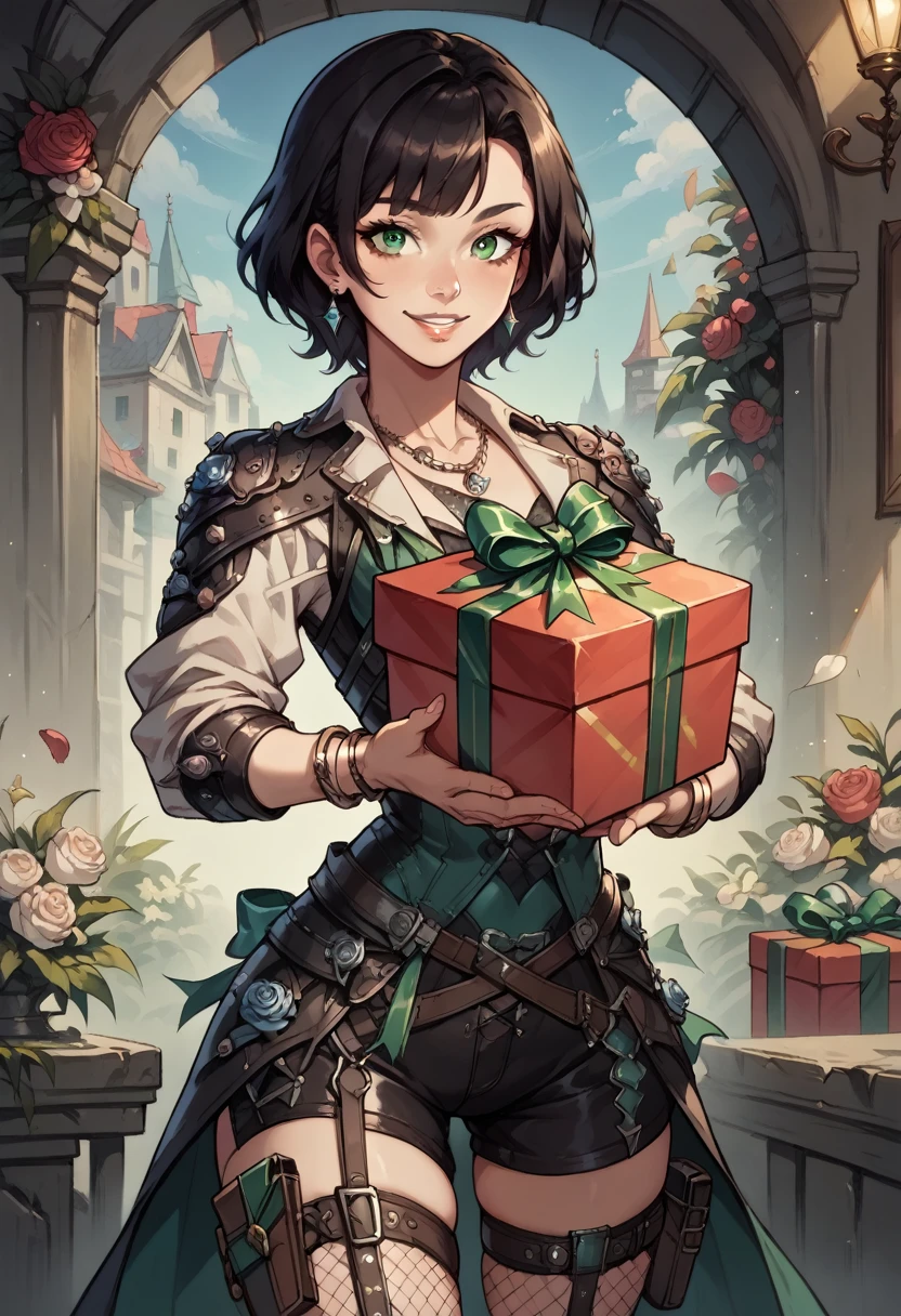 1girl, bangs, black hair, bow, box, bracelet, cowboy shot, dress, earrings, fishnets, flower, gift, gift box, hair ornament, hamel, jewelry, looking at viewer, necklace, pantyhose shorts, parted lips, green eyes, bodysuit, ribbon, rose, short hair, smile, solo, thighhighs, holsters, belts,