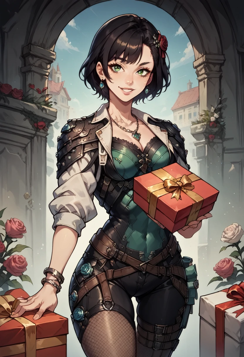 1girl, bangs, black hair, bow, box, bracelet, cowboy shot, earrings, fishnets, flower, gift, gift box, hair ornament, jewelry, looking at viewer, necklace, pantyhose shorts, parted lips, green eyes, bodysuit, ribbon, rose, short hair, smile, solo, thighhighs, holsters, belts,