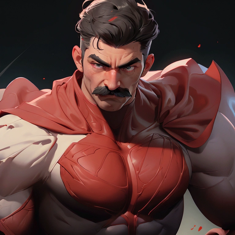 envision a 8k, highres, semi realistic cinematic close up portrait of a Muscular man with a muscular body, Mustache, sleek black hair, and black eyes, red and white tight suit, red cape, against a dark gray background