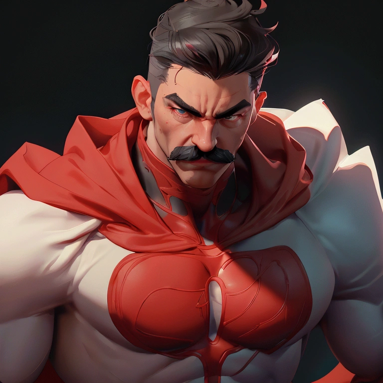 envision a 8k, highres, semi realistic cinematic close up portrait of a Muscular man with a muscular body, Mustache, sleek black hair, and black eyes, red and white tight suit, red cape, against a dark gray background