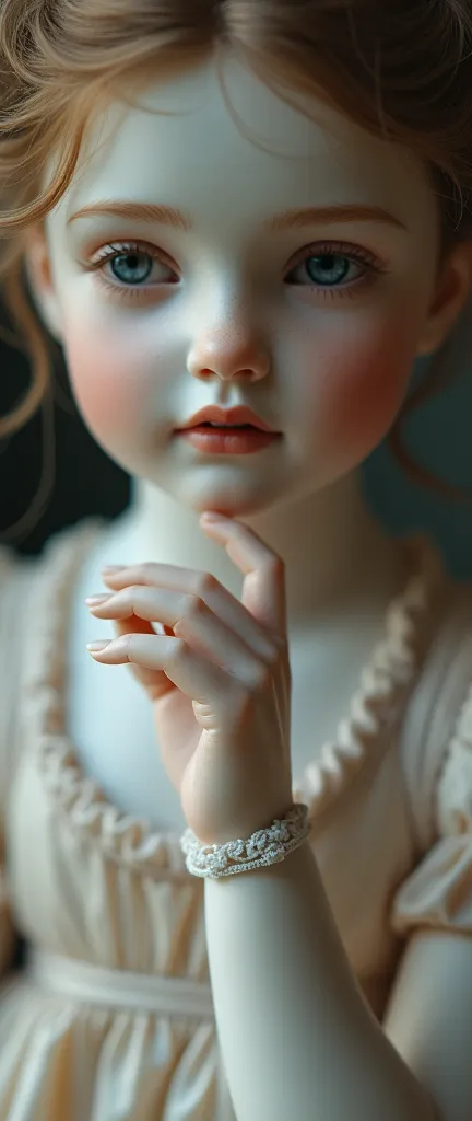 antique porcelain doll:1.5, romanticism period dress, stage of romanticism, blurred, pay attention to the hyper sharp wrist, ultra image quality, masterpiece, HD,8k