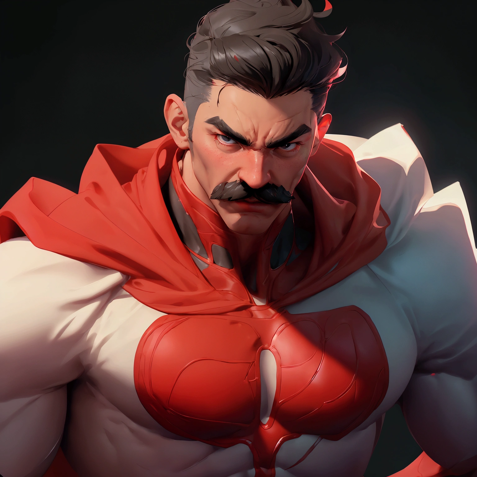 envision a 8k, highres, semi realistic cinematic close up portrait of a Muscular man with a muscular body, Mustache, sleek black hair, and black eyes, red and white tight suit, red cape, against a dark gray background