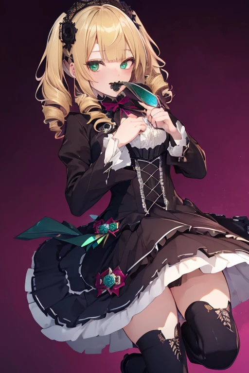 (((Highest quality ultra detailed,Unity 8k))),Twin Drill,emerald eye,Posing,blazer:1.1 (Gothic Lolita:1.2),,blunt bangs,lace up boots,Blonde,medium hair,knife,Licking one&#39;s lips,looking down, watching at Viewer:1.3,looking down,smile
