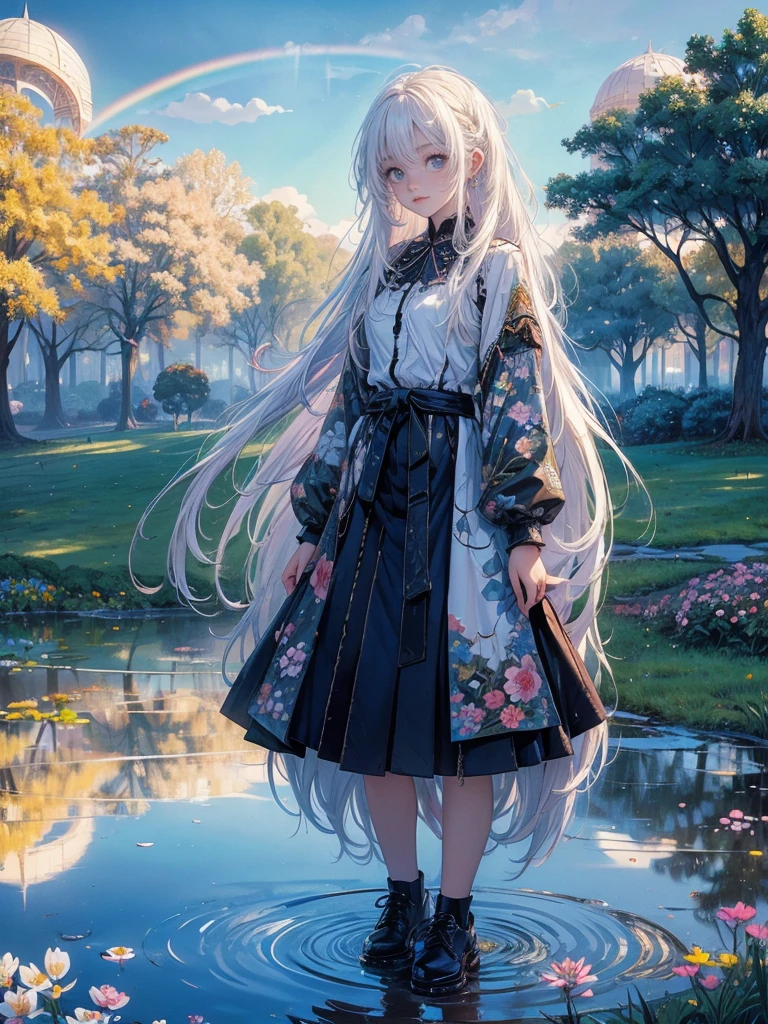 high quality, top quality,high resolution,1girl,solo,cute,white hair and long hair,after the rain, blue sky,rainbow in the sky,in park, puddle,wet flower