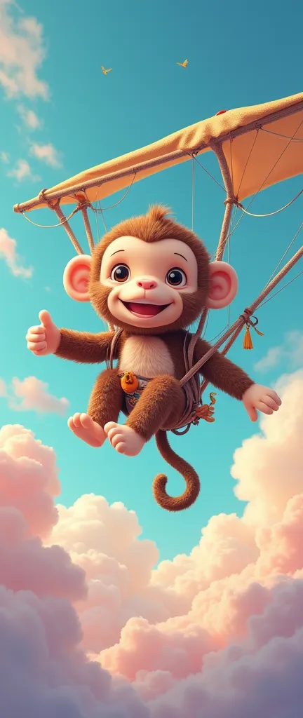 child, imagining a stuffed monkey, flying with a hang glider:1.5, imagen imaginativa de la mente de un child, cartoon style, very colorful and beautiful