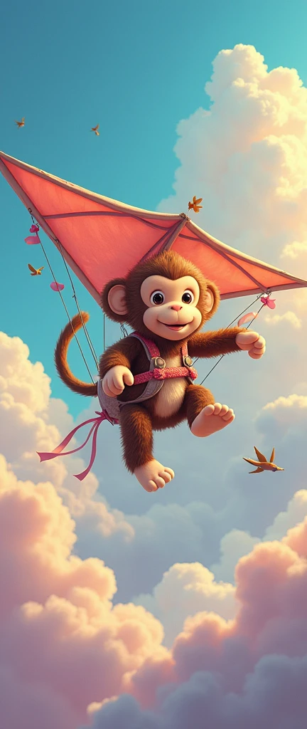 child, imagining a stuffed monkey, flying with a hang glider:1.5, imagen imaginativa de la mente de un child, cartoon style, very colorful and beautiful