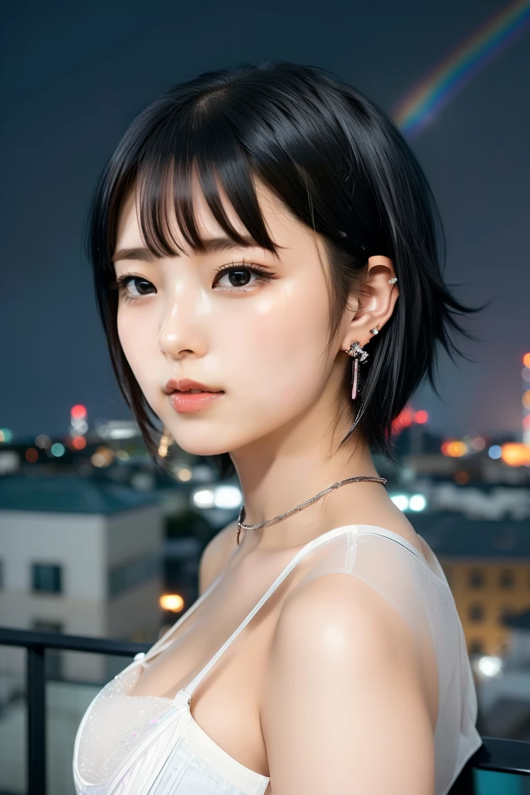 ((Rooftop of a building: 1,3)), ((Goth_punk, alone, Medium Shot, Walking the rooftops of Harajuku, ((night)), Blurred, Neon Light, Rainbow Eyes, Starry Sky, Shiny black hair, white eyebrows, Shiny Hair, (Rainbow black hair), Earring, good, jewelry, Blunt bangs, Busy eyes, Background Blurred, Blurred, hair ornaments, vision, short hair, Portraiture, Side Lock break ((Swedish girl, white skin, white)),((woman&#39;Fits her job:1.3)), break (Gal: 1. 1),(Glamour: 1. 3),(night),(Supermodel: 1.3)),break ((earring, ring)), Cowboy Shot,((Tall people)),((Android)),((look up)),((Top Angle:1. 3)), From above, Looking into the camera,((Event Companion)),((Thin see -through)) Tight-fitting underwear with straps))、Hip、Butt、bend、