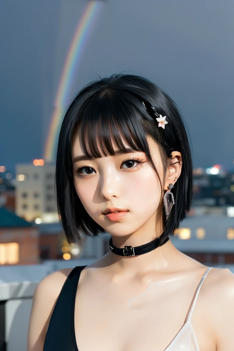 ((Rooftop of a building: 1,3)), ((Goth_punk, alone, Medium Shot, Walking the rooftops of Harajuku, ((night)), Blurred, Neon Light, Rainbow Eyes, Starry Sky, Shiny black hair, white eyebrows, Shiny Hair, (Rainbow black hair), Earring, good, jewelry, Blunt bangs, Busy eyes, Background Blurred, Blurred, hair ornaments, vision, short hair, Portraiture, Side Lock break ((Swedish girl, white skin, white)),((woman&#39;Fits her job:1.3)), break (Gal: 1. 1),(Glamour: 1. 3),(night),(Supermodel: 1.3)),break ((earring, ring)), Cowboy Shot,((Tall people)),((Android)),((look up)),((Top Angle:1. 3)), From above, Looking into the camera,((Event Companion)),((Thin see -through)) Tight-fitting underwear with straps))、Hip、Butt、bend、