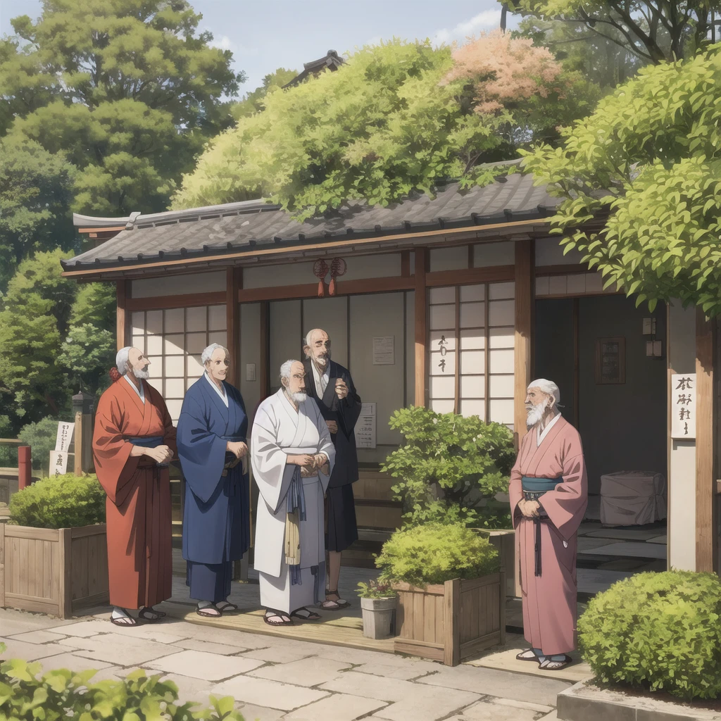 Homeless,male,elder,Japan,large crowd,In line,garden,high quality