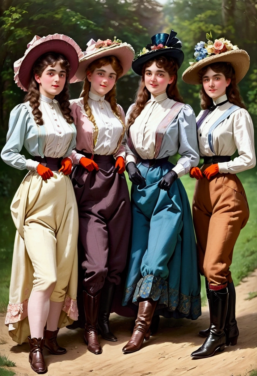 A group of teenage girls, of different hair colors, ages 13 to 15, flirting with old perverts in the 1890s, (((showing some leg))). Victorian setting. 1890_dr3ss. Year 1898. Colorful high-collar long sleeve shirtwaists, long skirts, elegant hats, gloves, petticoats, silk stockings and boots.