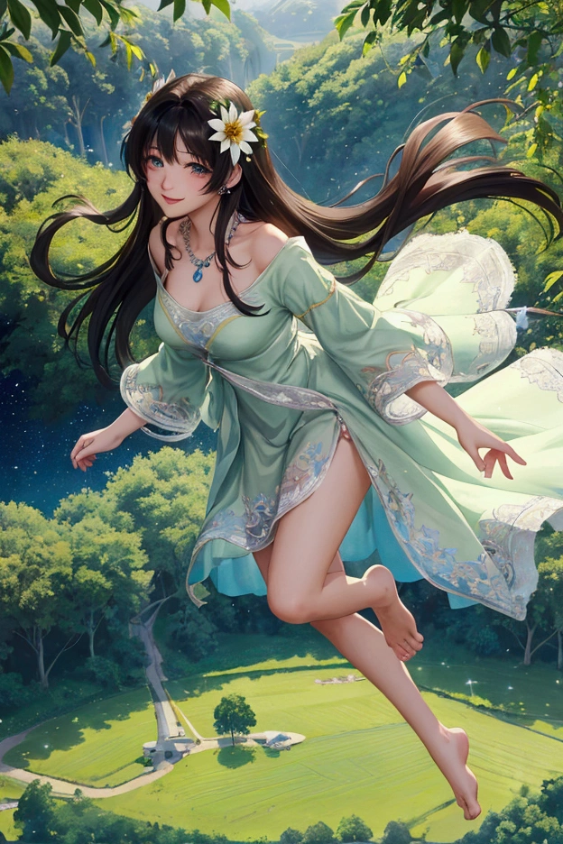 (masterpiece、Highest quality、8k、High resolution)、1 female、Beautiful eyes with slit length、Cute lips、Beautiful Nose、Brownish black hair、smile、(Best anime girl)、Green grassland with forest view、Walking,((Barefoot, off the ground, flying high, high, high, flying and running)),Fantasy art,Colorful flowers blooming in the field,A bright night with the stars clearly visible、milky way、(Mysterious light particles from the whole body、Colorful light particles)、jewelry、necklace、White lace dress、(Beautiful full body style)、Highly detailed anime art、Fantasy art,A complete portrayal