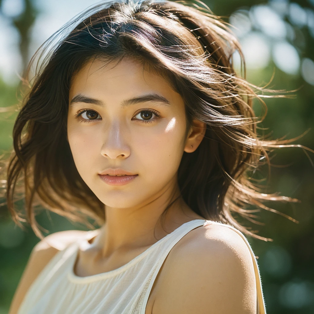 A hyper-realistic image of a single Japanese woman in her early 20s, captured with the nostalgic warmth and subtle graininess of a film camera, focusing on her upper body from the shoulders up. Her skin has a warm beige tone with a natural, slightly rough texture that includes visible pores, fine lines, and subtle imperfections such as small blemishes, adding to the authenticity of her appearance. The soft, diffused natural light enhances the film-like quality, casting gentle shadows across her face and shoulders to create a timeless, organic feel. Her straight, glossy black hair frames her face in a natural, slightly tousled manner, and her deep brown eyes reflect the ambient light, adding depth and emotion. The film camera effect introduces a slight grain and a softer focus, giving the image a warm, nostalgic atmosphere while maintaining the realistic texture of her skin. She is dressed in a simple, elegant top that complements her natural beauty, with the overall composition designed to evoke a sense of genuine, understated elegance. The use of natural light, combined with the deliberately rougher texture of her skin and the film-like qualities, ensures that this image captures the imperfections that make her beauty truly lifelike, focusing solely on this one individual from the shoulders up.