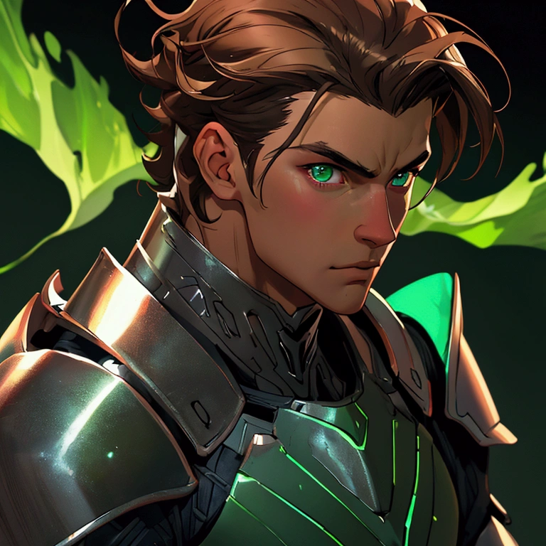 envision a 8k, highres, semi realistic cinematic close up portrait of a man with a slender body, clean shaved, sleek brown hair, and green eyes, silver armor, against a dark gray background