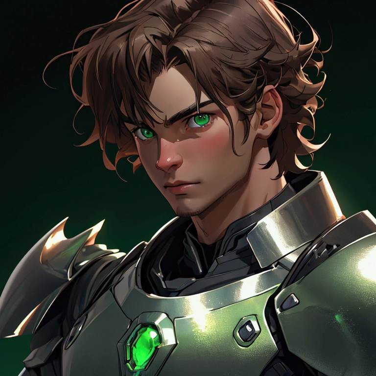 envision a 8k, highres, semi realistic cinematic close up portrait of a man with a slender body, clean shaved, shaggy brown hair, and green eyes, silver armor, against a dark gray background