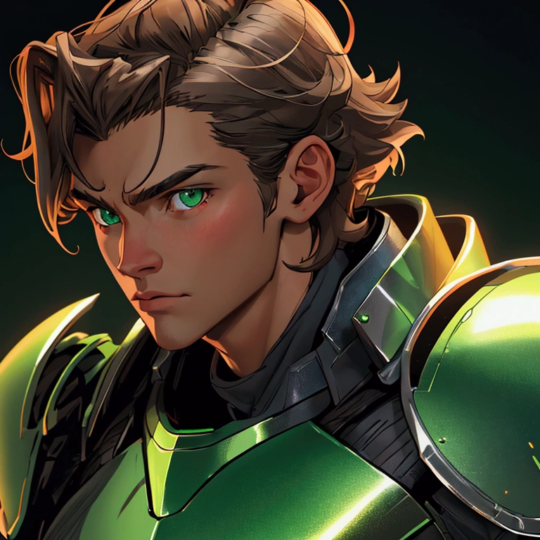 envision a 8k, highres, semi realistic cinematic close up portrait of a man with a slender body, clean shaved, shaggy brown hair, and green eyes, silver armor, against a dark gray background