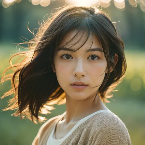 a hyper-realistic image of a single japanese woman in her early 20s, captured with the nostalgic warmth and subtle graininess of...