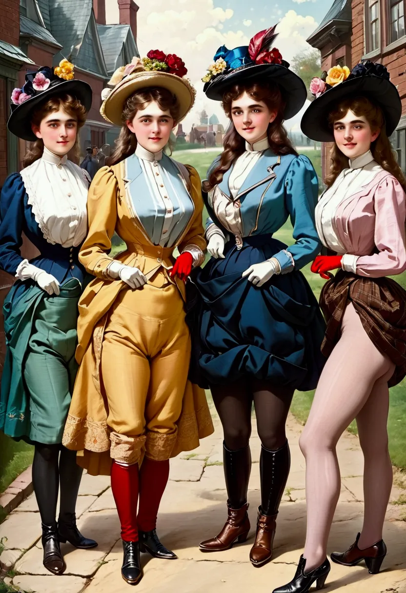 a group of teenage girls, of different hair colors, ages 13 to 15, flirting with old perverts in the 1890s, (((showing some leg)...