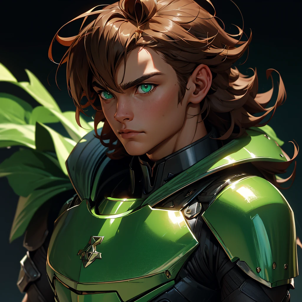 envision a 8k, highres, semi realistic cinematic close up portrait of a man with a slender body, clean shaved, shaggy brown hair, and green eyes, silver armor, against a dark gray background