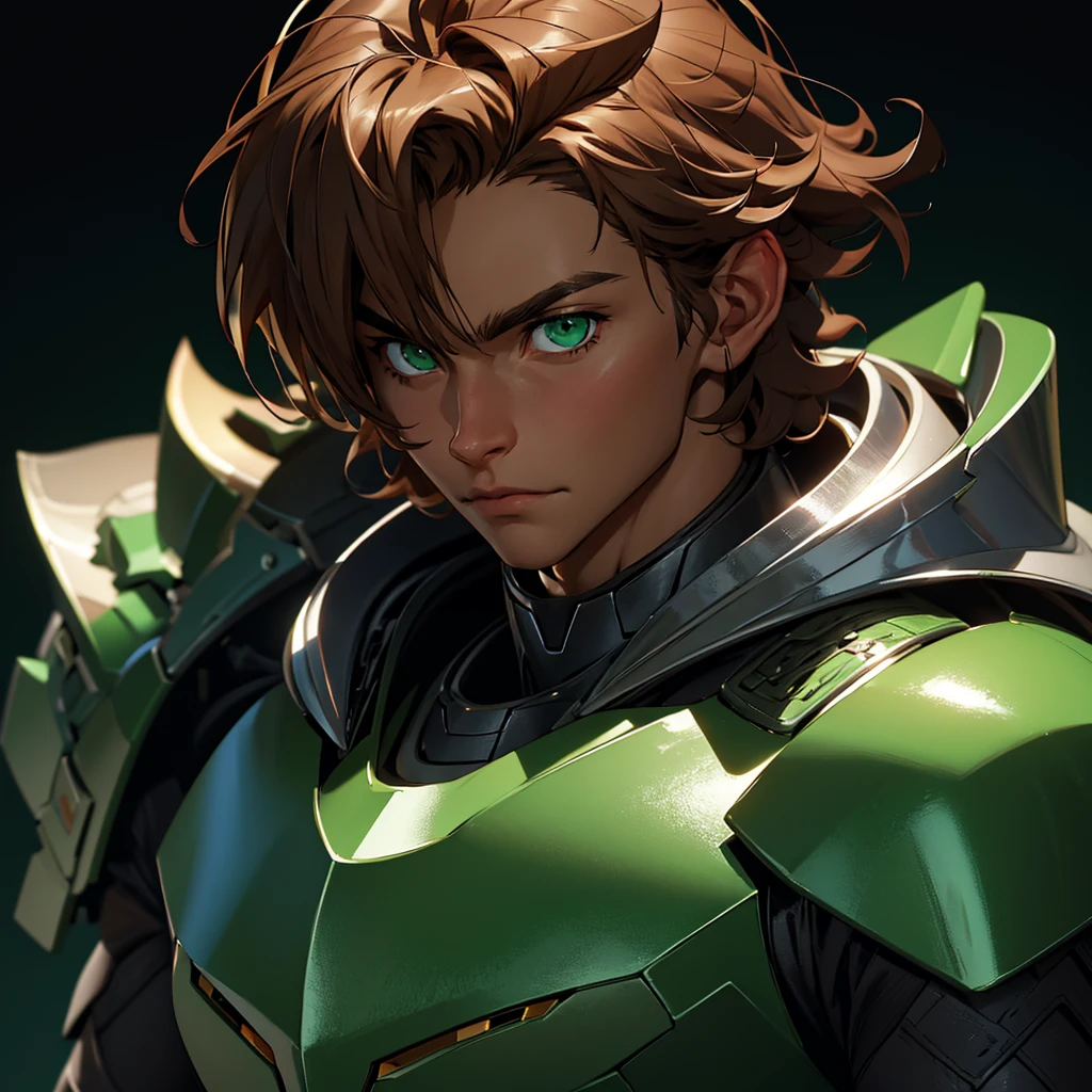 envision a 8k, highres, semi realistic cinematic close up portrait of a man with a slender body, clean shaved, shaggy brown hair, and green eyes, silver armor, against a dark gray background