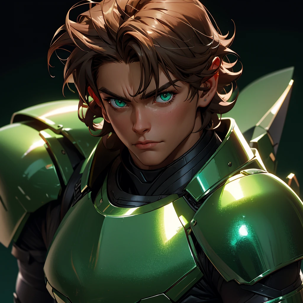 envision a 8k, highres, semi realistic cinematic close up portrait of a man with a slender body, clean shaved, shaggy brown hair, and green eyes, silver armor, against a dark gray background