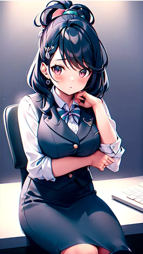 a cute  in scorpio-themed professional attire, sitting at an office desk surrounded by documents and a computer. she is focused ...