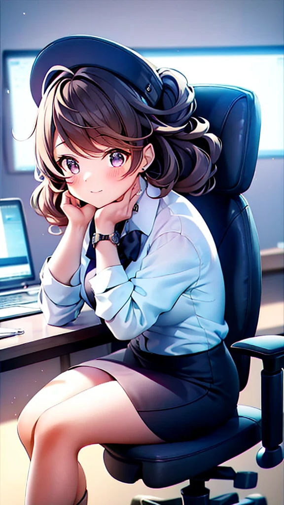 A cute  in Scorpio-themed professional attire, sitting at an office desk surrounded by documents and a computer. She is focused and energetic, working hard. The office is realistic, with a modern desk and office supplies, creating a busy and productive atmosphere.