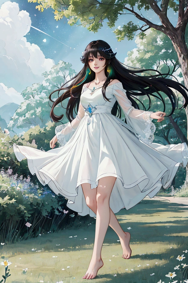 (masterpiece、Highest quality、8k、High resolution)、1 female、Beautiful eyes with slit length、Cute lips、Beautiful Nose、Brownish black hair、smile、(Best anime girl)、Green grassland with forest view、Walking,((Barefoot, off the ground, flying high, high, high, flying and running)),Fantasy art,Colorful flowers blooming in the field,A bright night with the stars clearly visible、milky way、(Mysterious light particles from the whole body、Colorful light particles)、jewelry、necklace、White lace dress、(Beautiful full body style)、Highly detailed anime art、Fantasy art,A complete portrayal