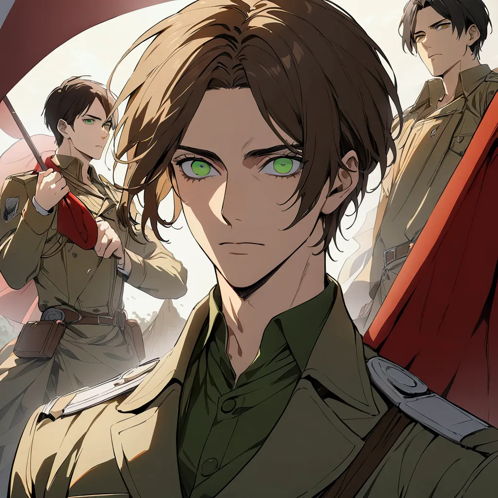 Handsome man in his 20s with long brown hair（1 male,Ellen Yeager）Green Eyes,Attack on Titan,(masterpiece:1.3),(Highest quality:1.4),(Very detailedな:1.5),High resolution,Very detailed,unity 8k wallpaper,Decadent,Achieve smooth design, he held a red flag with a five-pointed yellow star in the middle of the flag