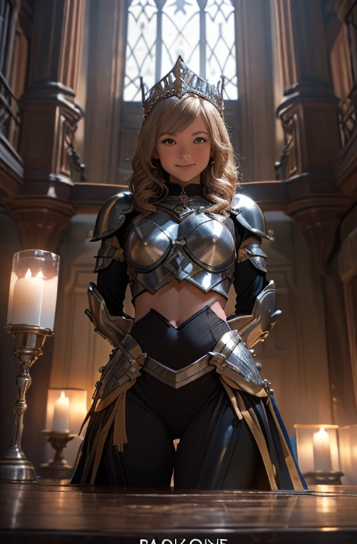 (1 mature muscular female paladin,gorgeous paladin armor,arm guard,leg guard,headdress,25yo), ((castle,The King's Chamber)),(smile),dynamic pose,dynamic angle,navel,pose for photo,from below