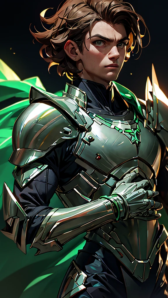 envision a 8k, highres, semi realistic cinematic full body concept art design sheet of a man with a slender body, clean shaved, shaggy brown hair, and green eyes, silver armor, against a dark gray background