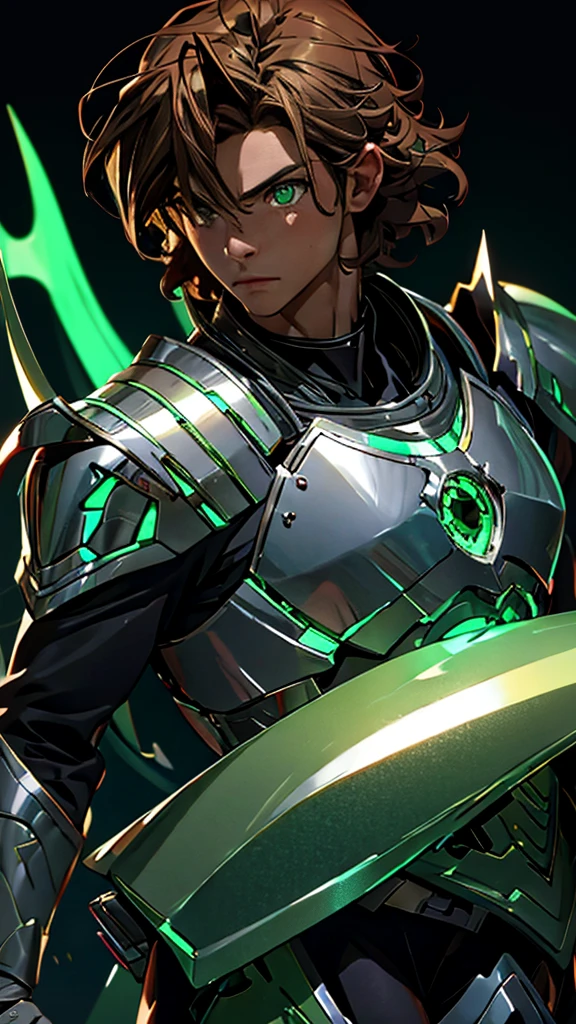 envision a 8k, highres, semi realistic cinematic full body concept art design sheet of a man with a slender body, clean shaved, shaggy brown hair, and green eyes, silver armor, against a dark gray background