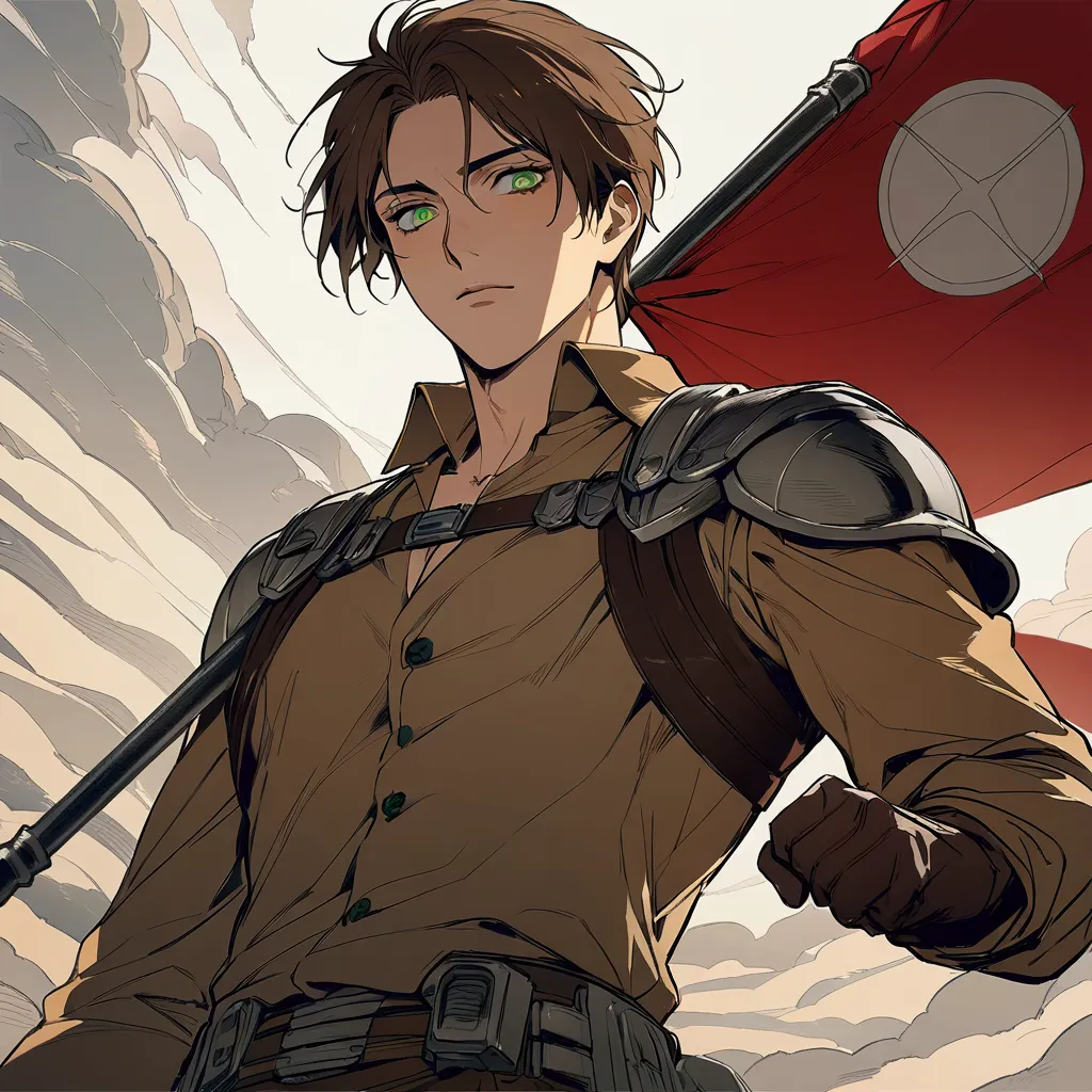 Handsome man in his 20s with long brown hair（1 male,Ellen Yeager）Green Eyes,Attack on Titan,(masterpiece:1.3),(Highest quality:1.4),(Very detailedな:1.5),High resolution,Very detailed,unity 8k wallpaper,Decadent,Achieve smooth design, he held a red flag with a five-pointed yellow star in the middle of the flag